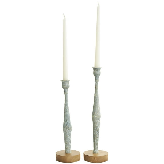 DecMode 2 Candle Light Blue Metal Textured Tapered Candle Holder with Brown Wood Bases, Set of 2