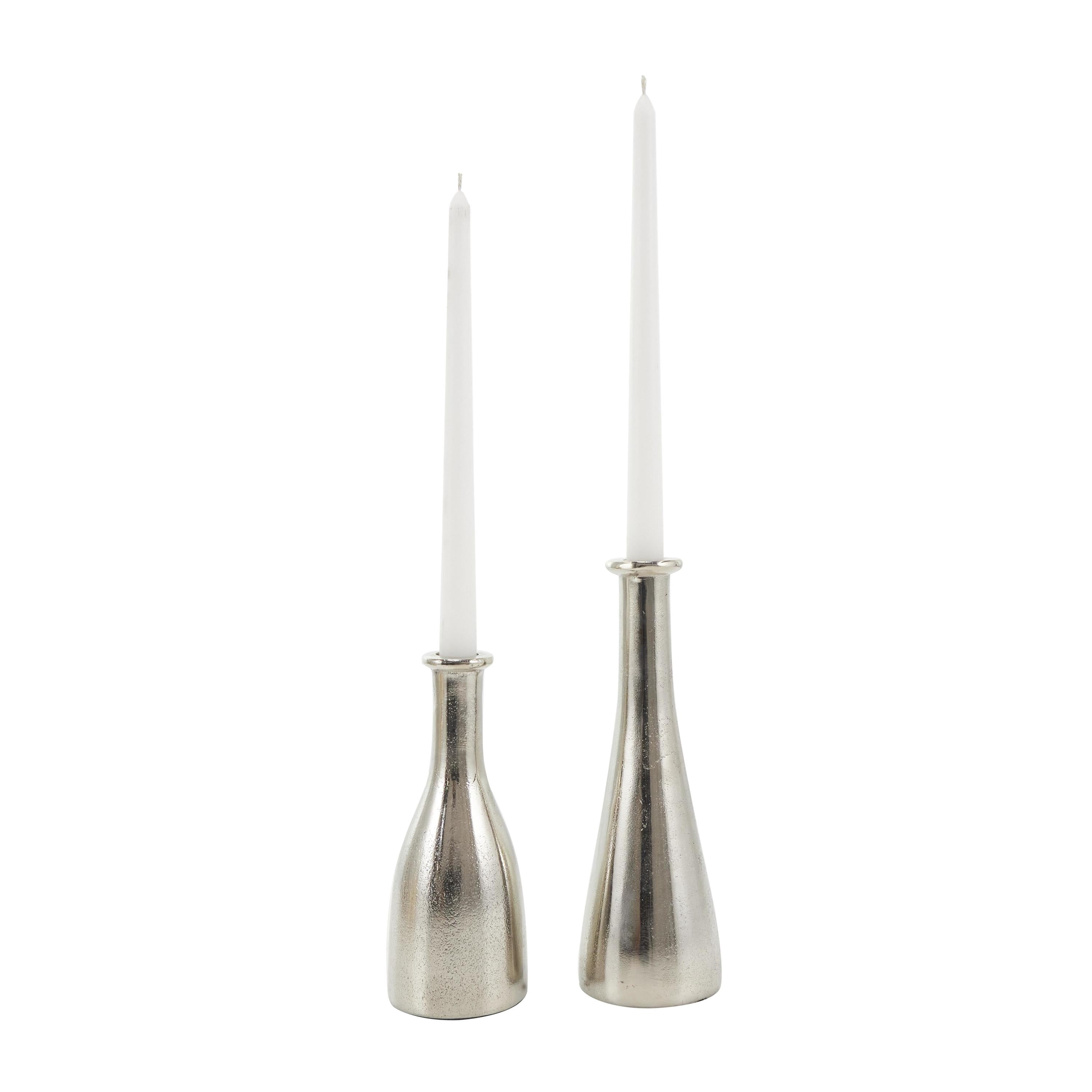 DecMode 2 Candle Silver Aluminum Metal Candle Holder with Varying Shapes, Set of 2