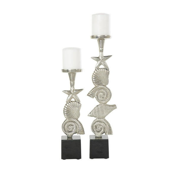 DecMode 2 Candle Silver Aluminum Metal Shell Candle Holder with Black Marble Bases, Set of 2