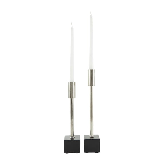 DecMode 2 Candle Silver Aluminum Metal Slim Candle Holder with Black Block Bases, Set of 2