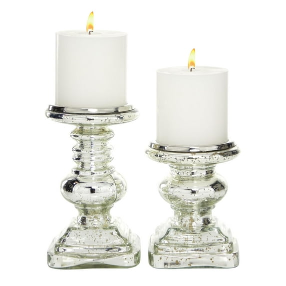 DecMode 2 Candle Silver Glass Handmade Turned Style Pillar Candle Holder, Set of 2
