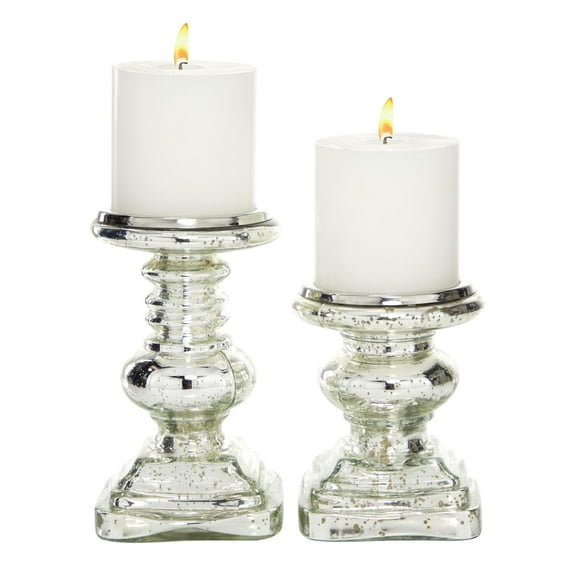 DecMode 2 Candle Silver Glass Handmade Turned Style Pillar Candle Holder, Set of 2