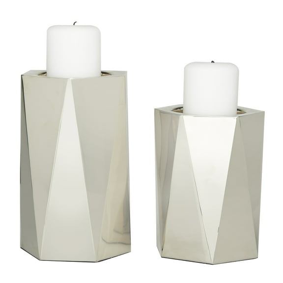 DecMode 2 Candle Silver Stainless Steel Candle Holder, Set of 2
