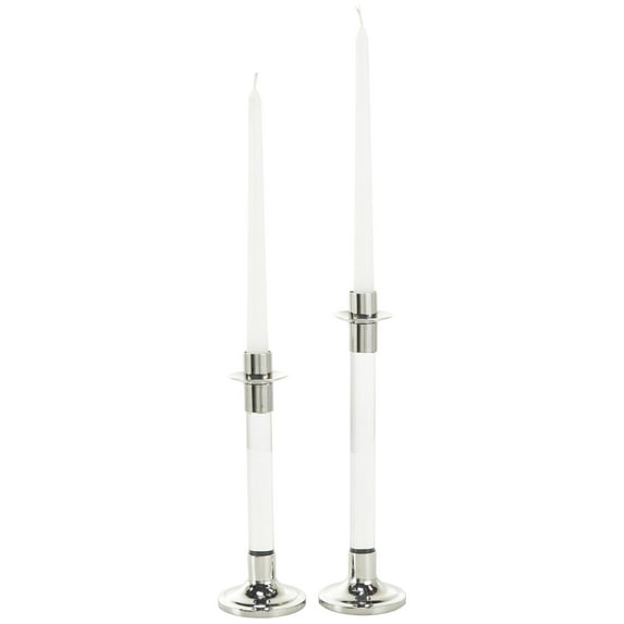 DecMode 2 Candle Silver Stainless Steel Metal Candle Holder with Clear Glass Center, Set of 2