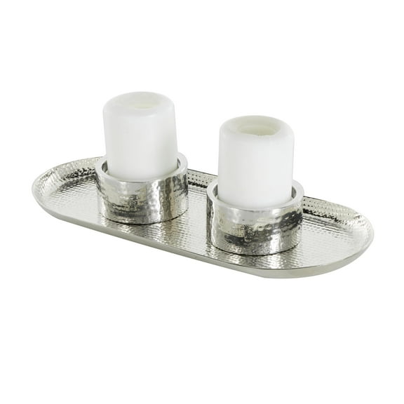 DecMode 2 Candle Silver Stainless Steel Metal Hammered Candle Holder with Oval Tray Plate