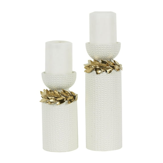 DecMode 2 Candle White Ceramic Leaf Candle Holder with Abstract Spotted Pattern and Gold Accents, Set of 2