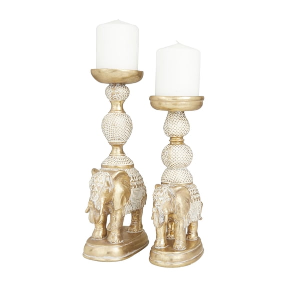 DecMode 2 Candle White Polystone Elephant Candle Holder with White Wash Finish, Set of 2