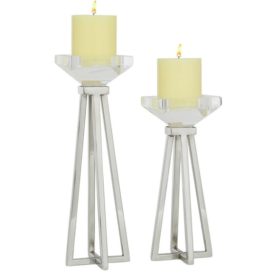 DecMode 2 Candle White Stainless Steel Candle Holder, Set of 2