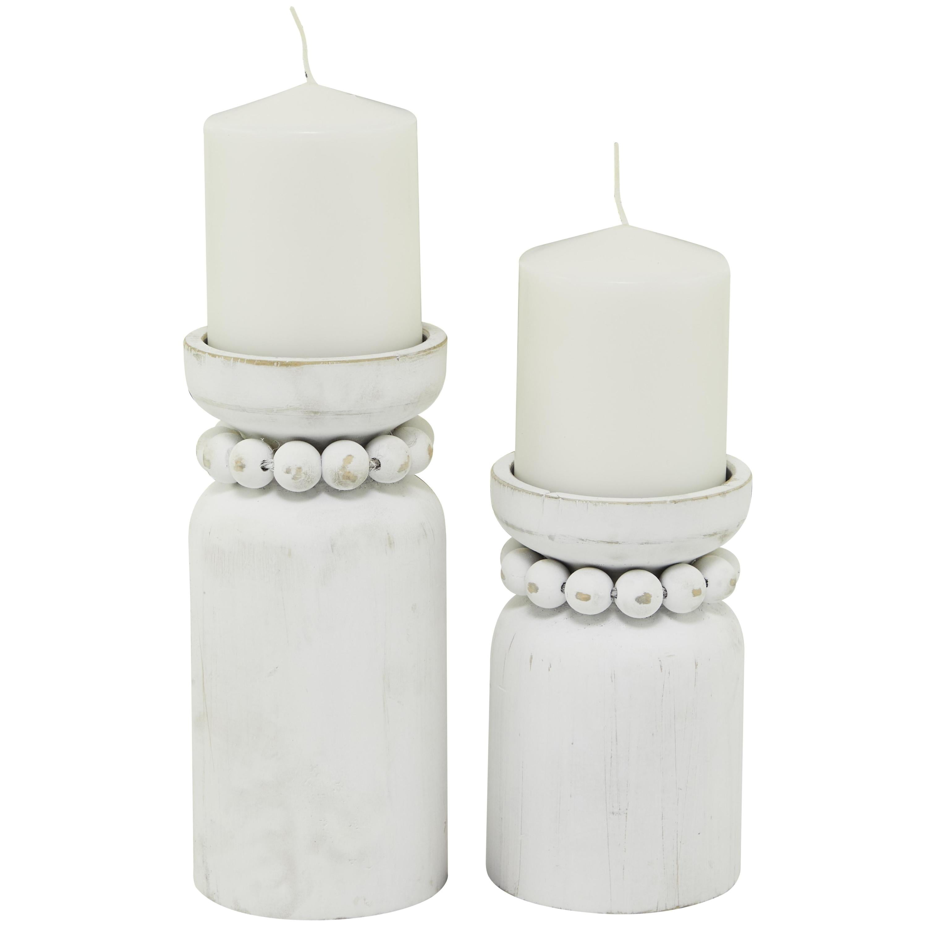 DecMode 2 Candle White Wood Beaded Pillar Candle Holder, Set of 2