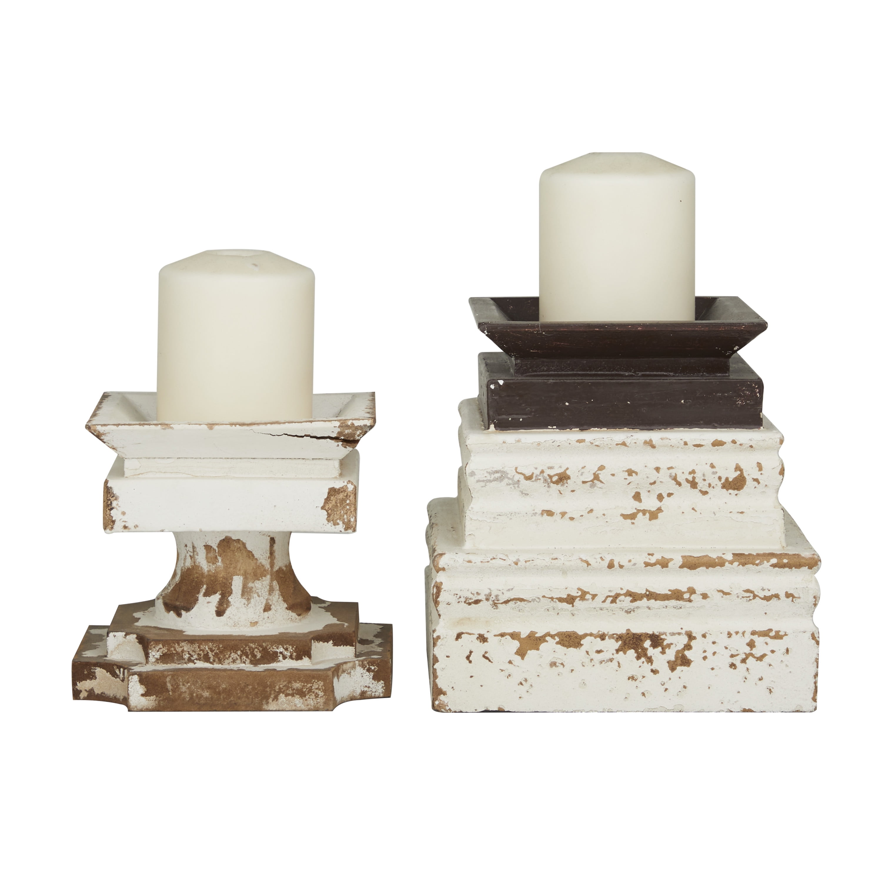 Distressed White Wood 2-Piece Candle Holder Set
