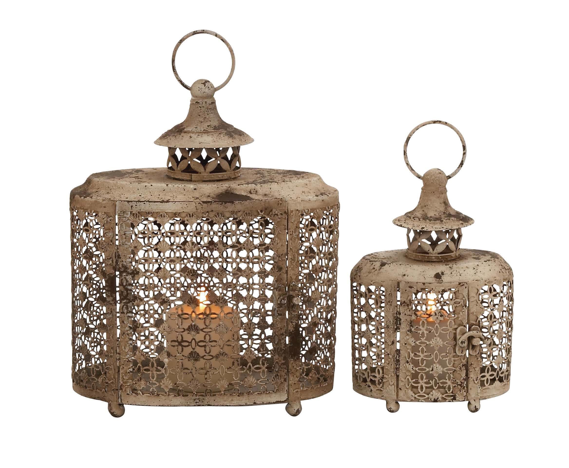 DecMode 2 Holder Beige Metal Floral Antique Distressed Oval Cutout Candle Lantern, Set of 2