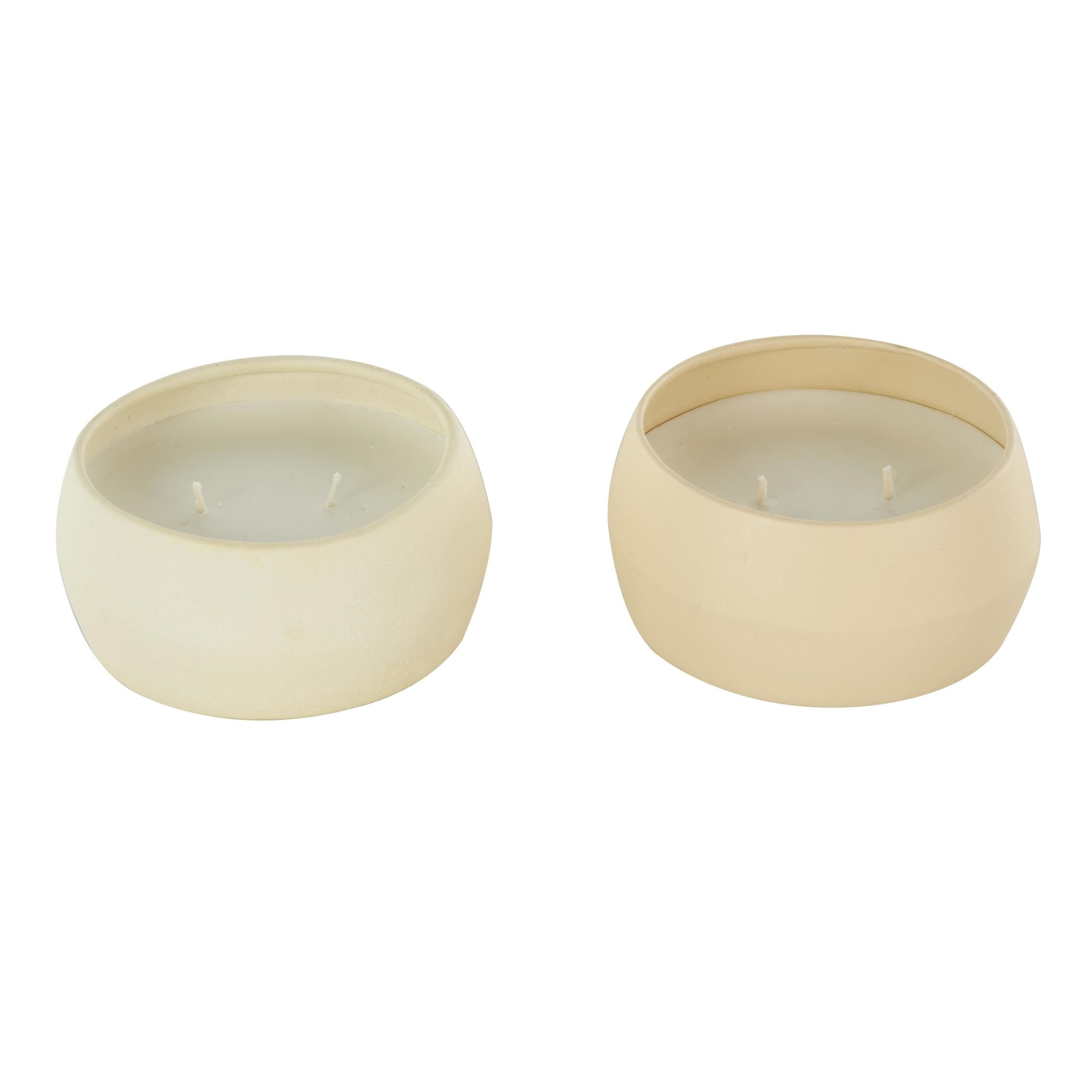 DecMode 2 Holder Beige Metal Fresh Cotton / White Tea & Ginger Scented Textured 9oz 2 Wick Candle with White Wax, (Set of 2)