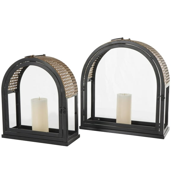 DecMode 2 Holder Black Metal Arched Candle Lantern with Cane Inspired Gold Tops, Set of 2