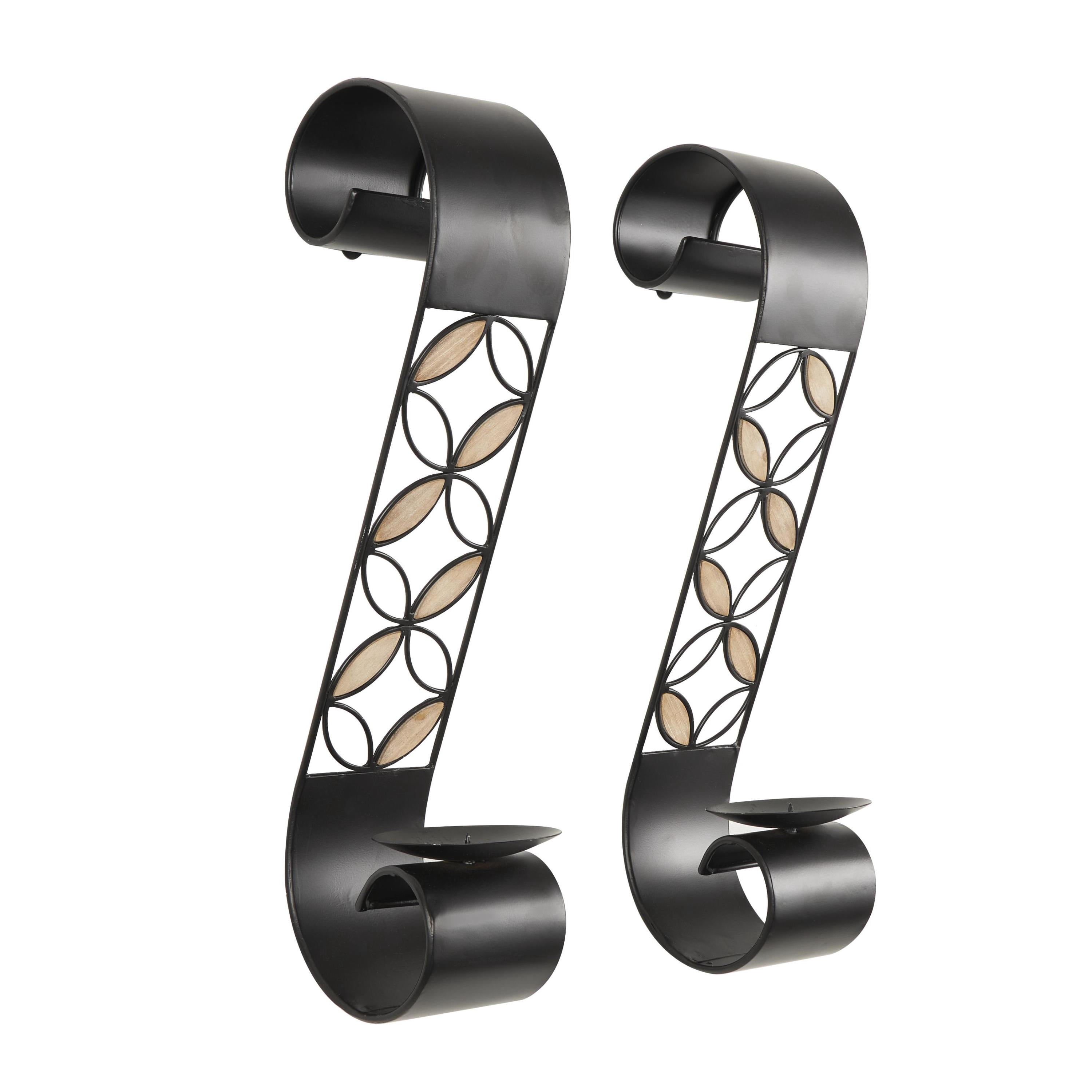 DecMode 2 Holder Black Metal Scroll Wall Sconce with Floral Patterns and Wood Accents, Set of 2