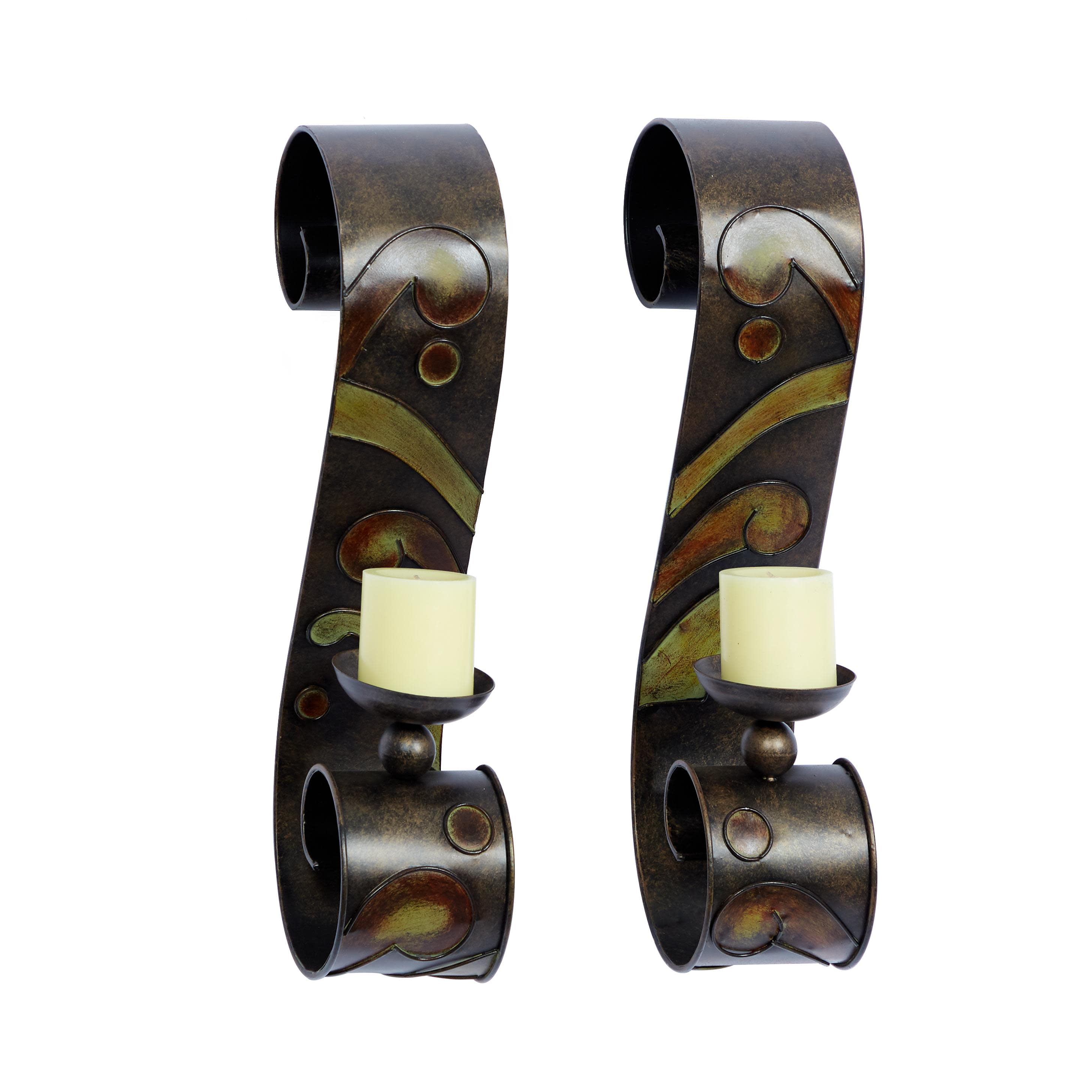 Bronze and Green Metal Abstract Wall Candle Holder Set
