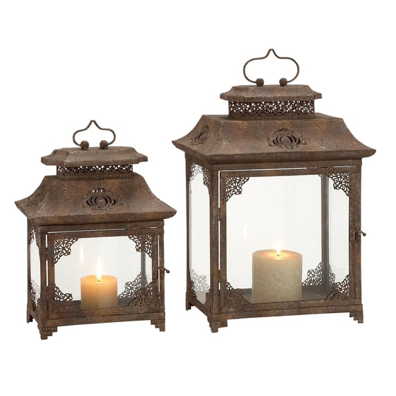 DecMode 2 Holder Brown Metal Decorative Candle Lantern, Set of 2