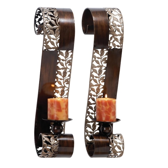 DecMode 2 Holder Brown Metal Leaf Cutout Wall Sconce with Scrolled Edges, Set of 2