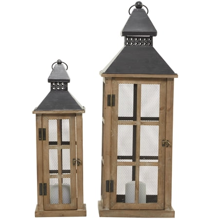DecMode 2 Holder Brown Wood Lighthouse Style Decorative Candle Lantern, Set of 2