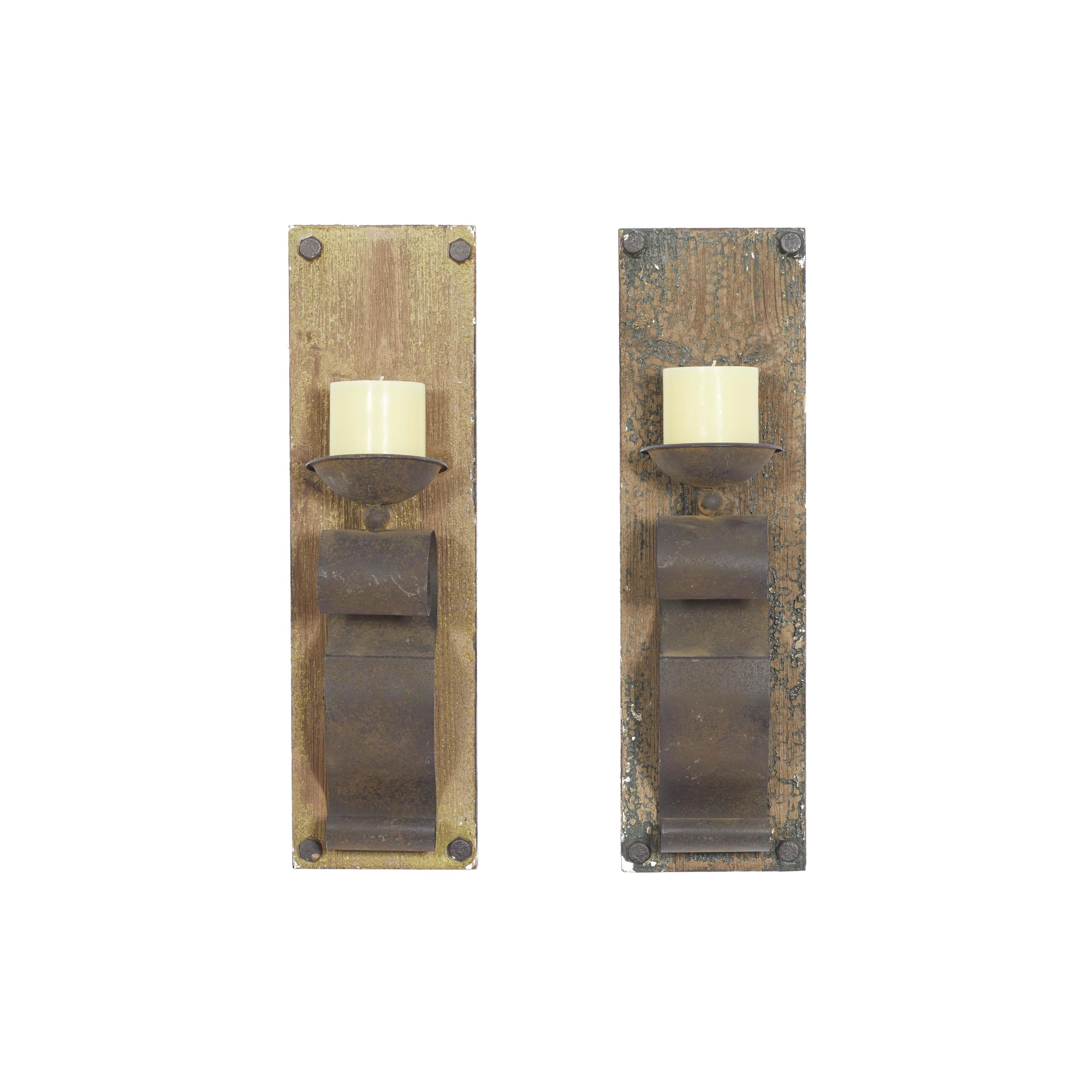 Rustic Distressed Wood & Metal Geometric Wall Sconce, Set of 2