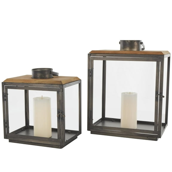 DecMode 2 Holder Dark Gray Metal Brushed Rectangular Candle Lantern with Brown Wood Tops, Set of 2