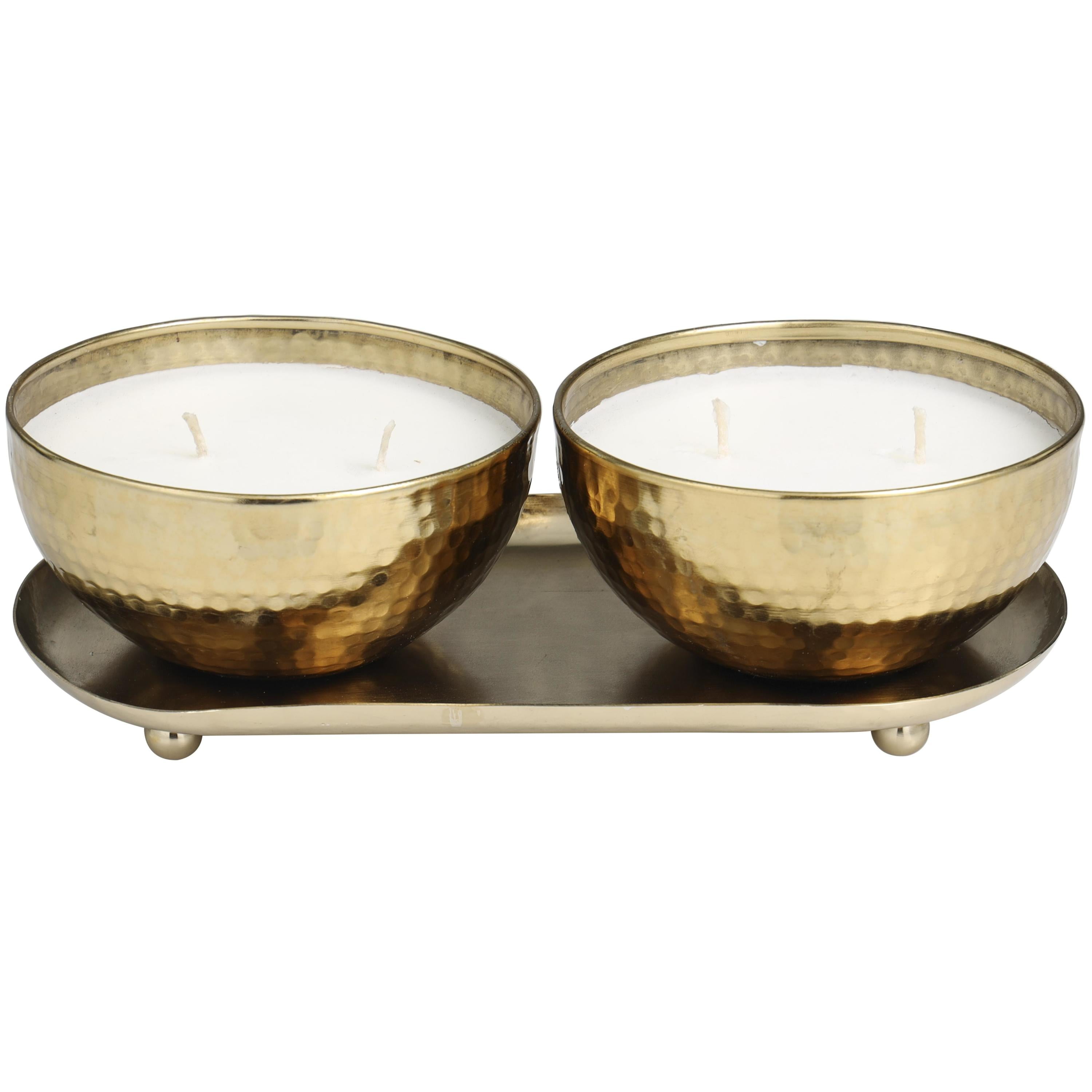 DecMode 2 Holder Gold Metal Egyptian Mint Scented Hammered 12 oz 2 Wick Candle with White Wax, (Set of 2)