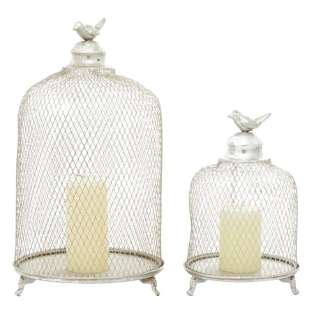 DecMode 2 Holder Silver Metal Bird Cage Style Cloche Decorative Candle Lantern with Elevated Stand, Set of 2