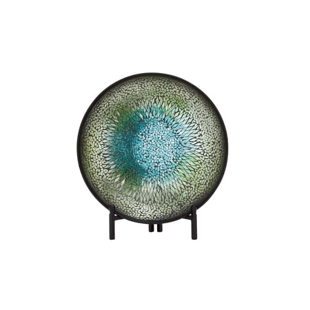DecMode 2" Round Abstract Handmade Mosaic Inspired Green Glass Charger with Black Stand