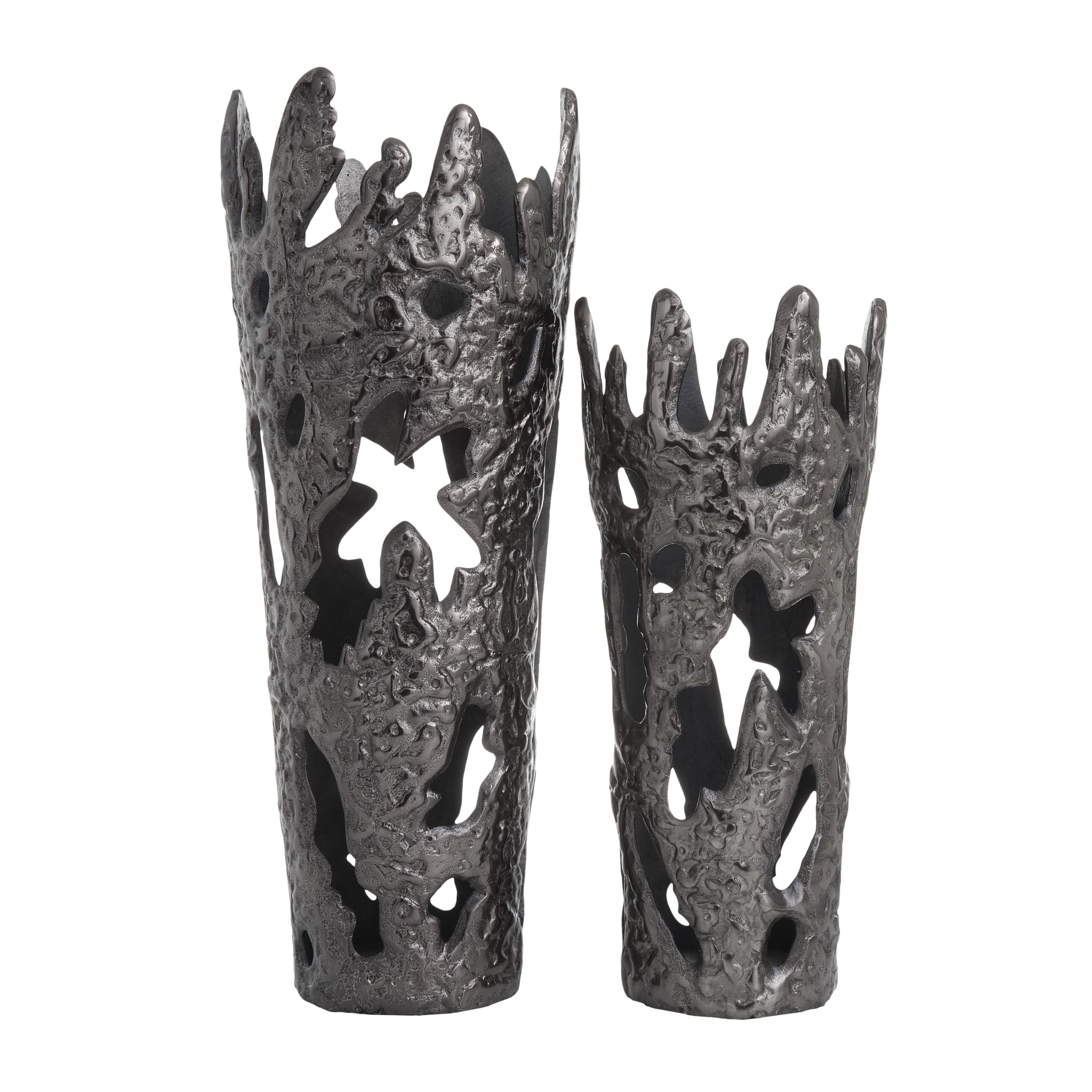 DecMode 20", 15"H Black Aluminum Metal Vase with Cut Out Designs, Set of 2