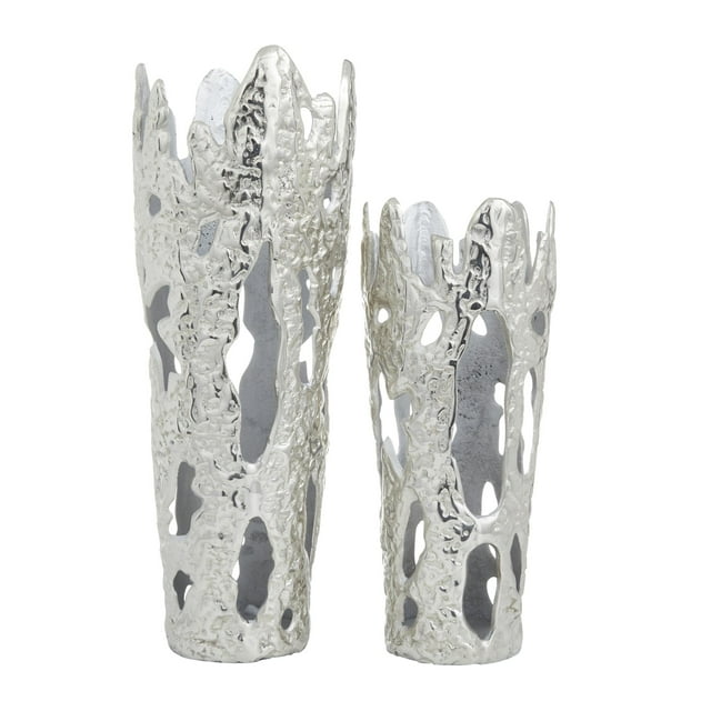 DecMode 20", 15"H Silver Aluminum Metal Vase with Cut Out Designs, Set of 2