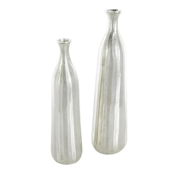 DecMode 20", 16"H Silver Aluminum Metal Vase with Wavy Accents and Textured Ridges, Set of 2