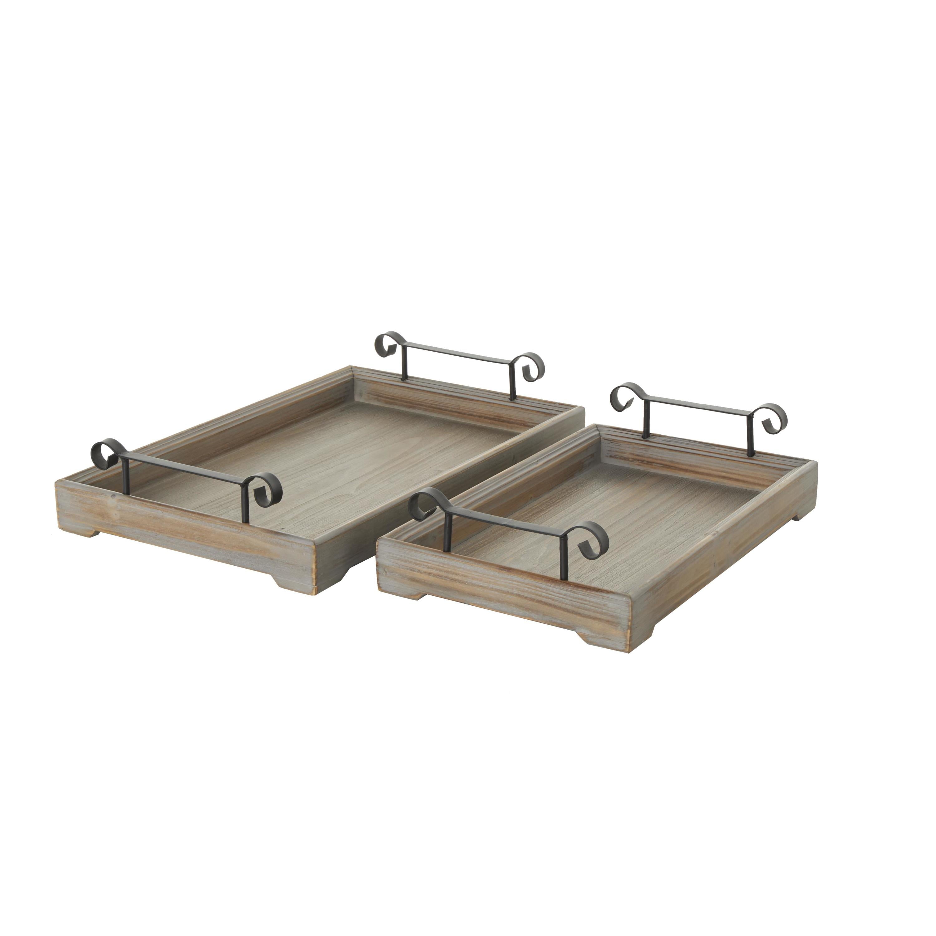 Beige Wood Tray Set with Metal Handles, 20" and 17"