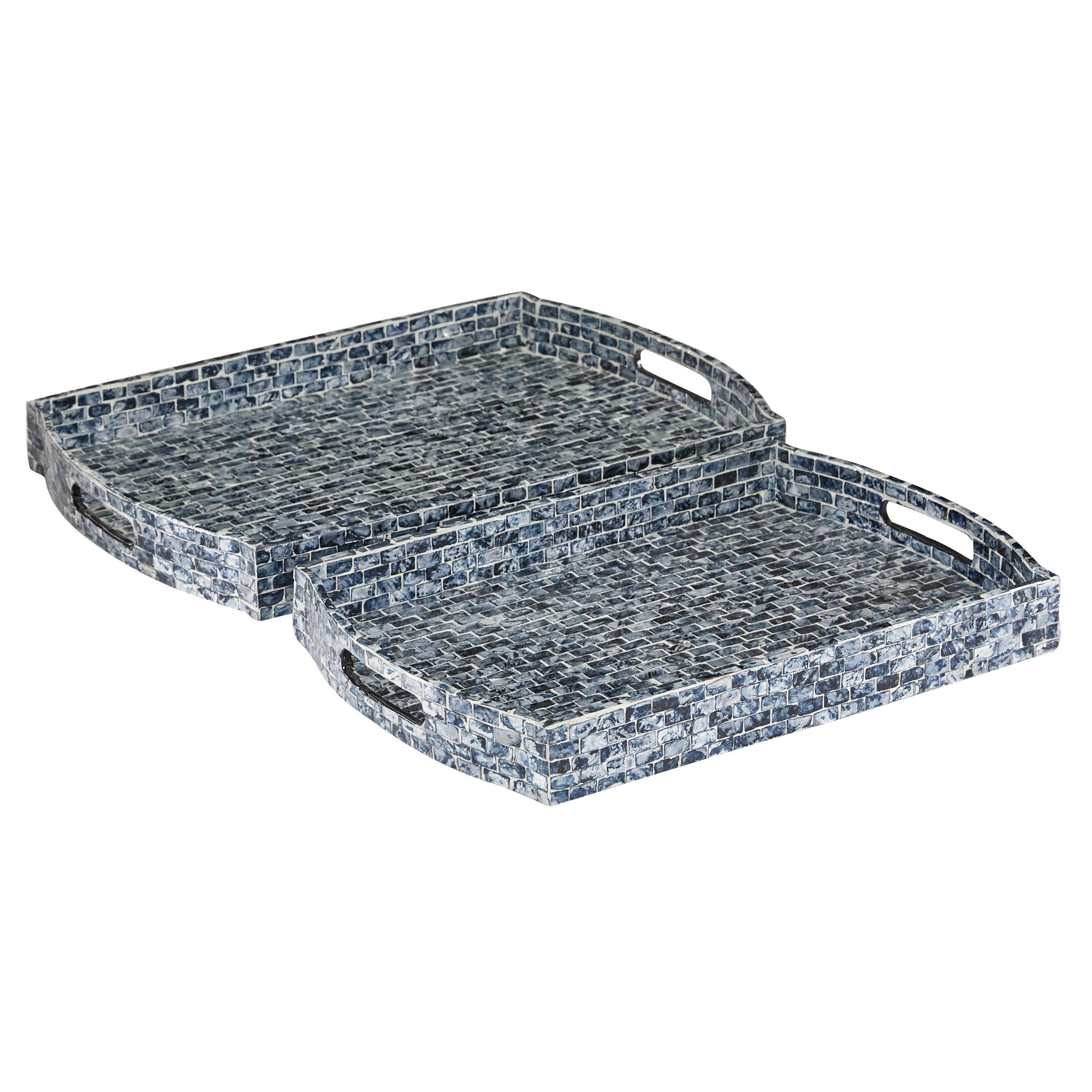 Blue Mosaic Wood Rectangular Decorative Tray Set, 2-Piece