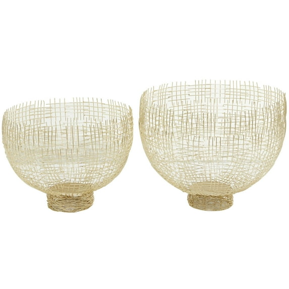 DecMode 20", 18"W Round Gold Metal Decorative Bowl with Cross Hatching Patterns, Set of 2