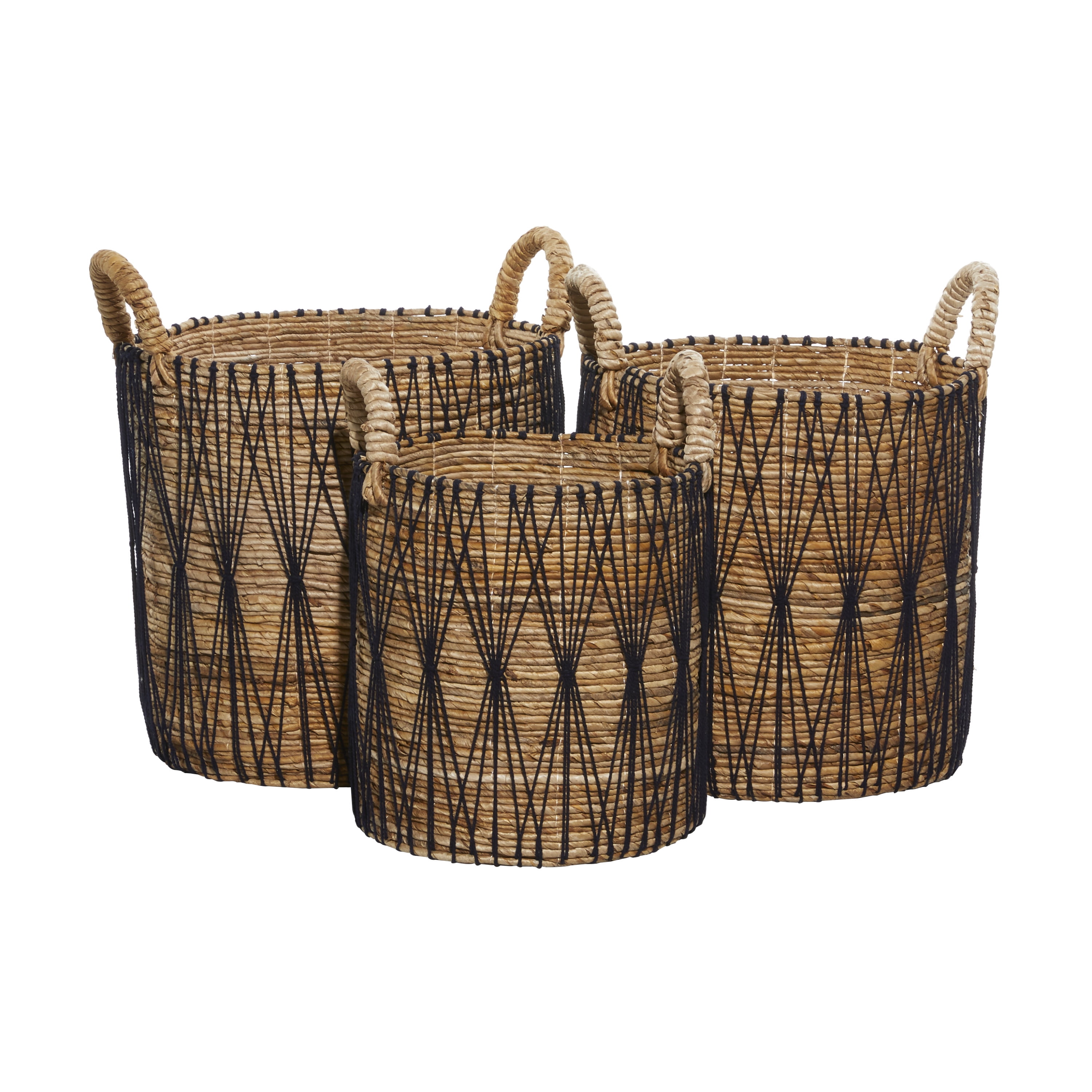 Handmade Brown and Black Banana Leaf Storage Baskets with Handles, Set of 3