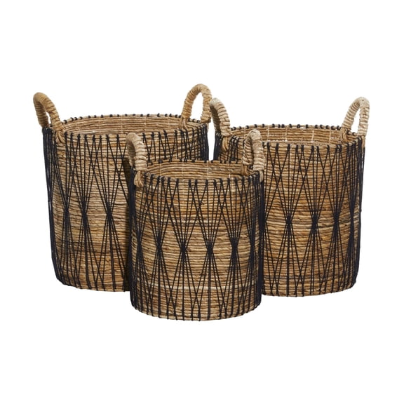 DecMode 20", 19", 17"H Brown Banana Leaf Handmade String Detail Storage Basket with Handles, 3-Pieces
