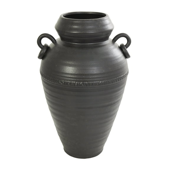 DecMode 20" Amphora Black Ceramic Vase with Speckled Texture and Ring Handles