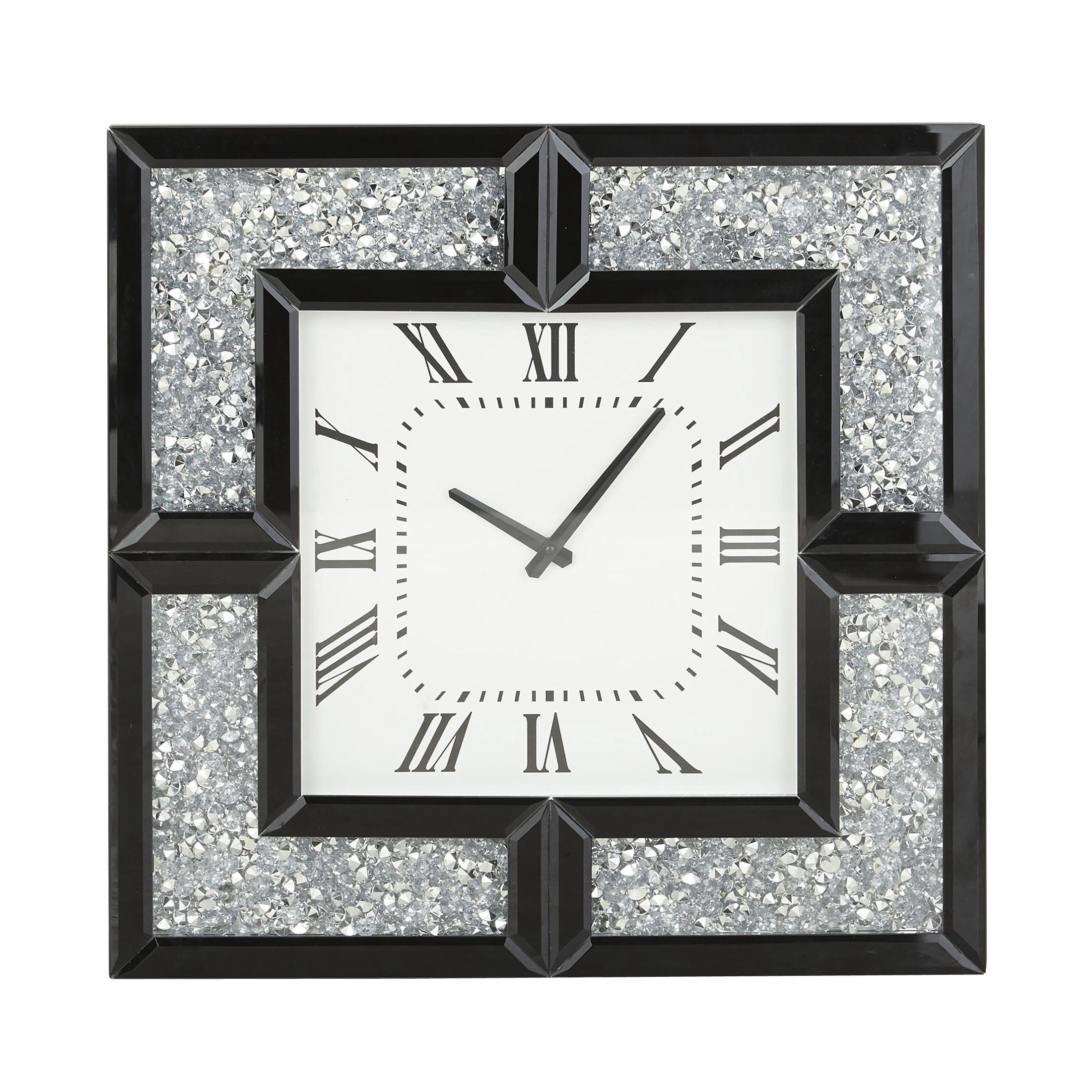 DecMode 20" Black Glass Mirrored Wall Clock with Floating Crystals