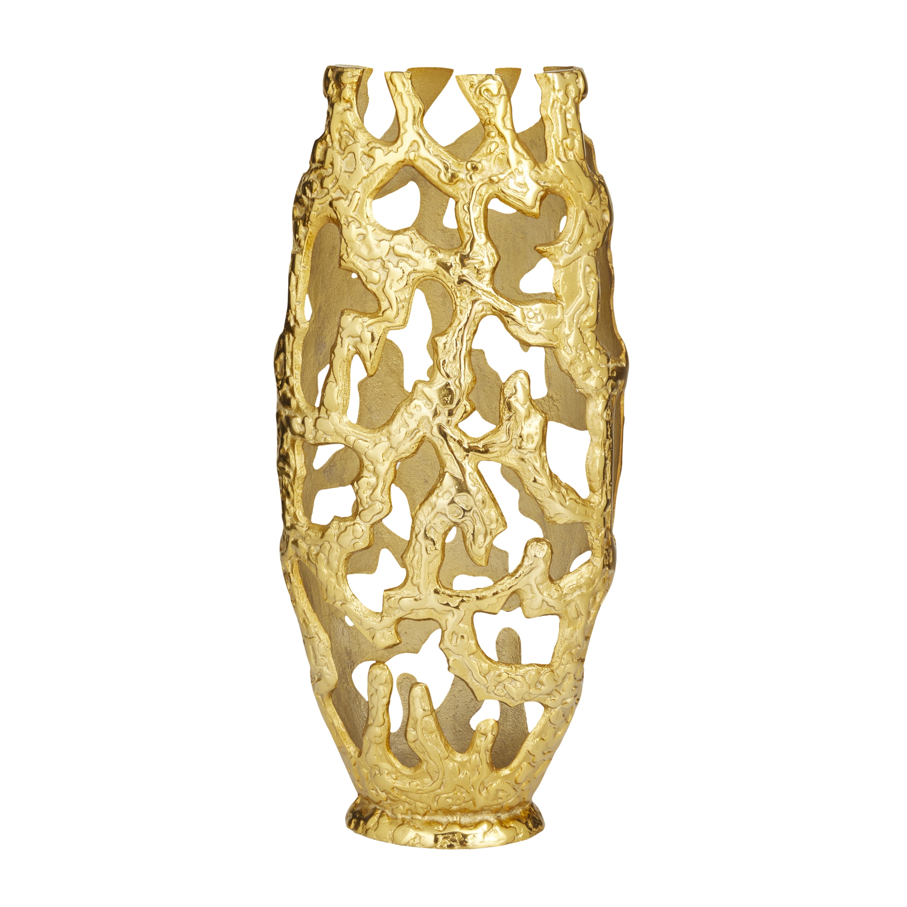 Tall Gold Aluminum Metal Decorative Vase with Cutout Design