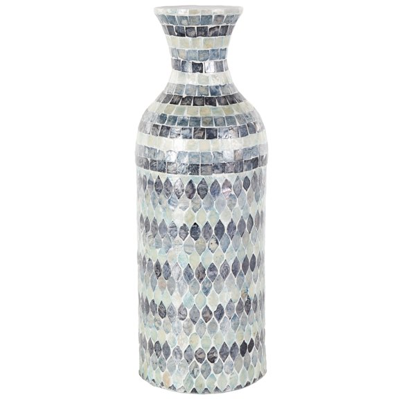DecMode 20" Handmade Mosaic Blue Mother of Pearl Shell Vase with White Interior