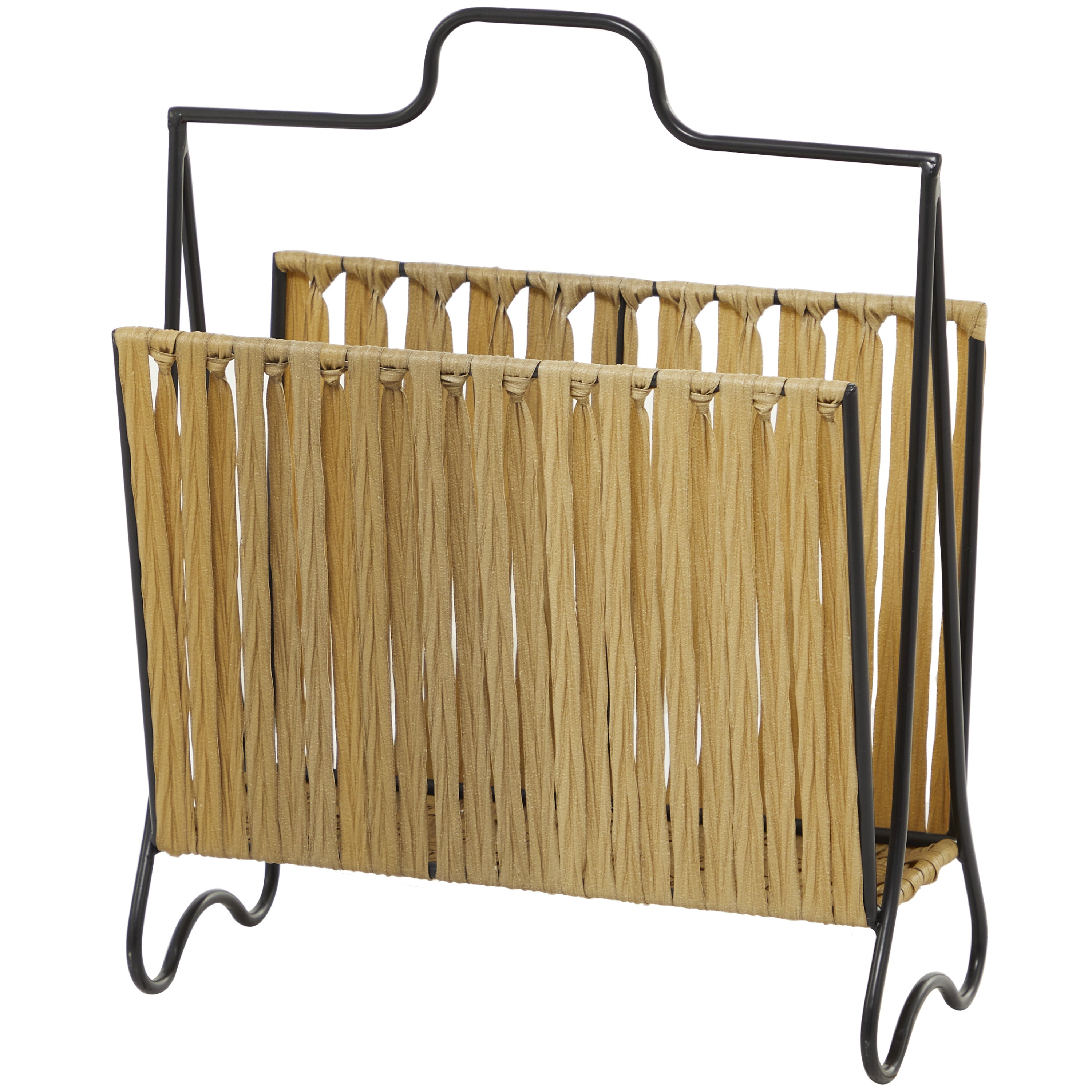 20" Light Brown Plastic Rattan Magazine Holder with Black Metal Stand