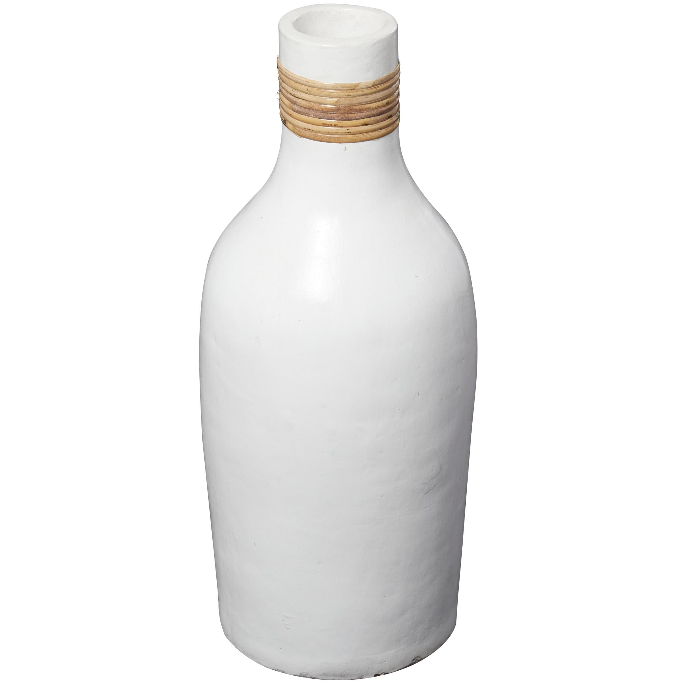 DecMode 20" White Ceramic Vase with Wrapped Rattan Details