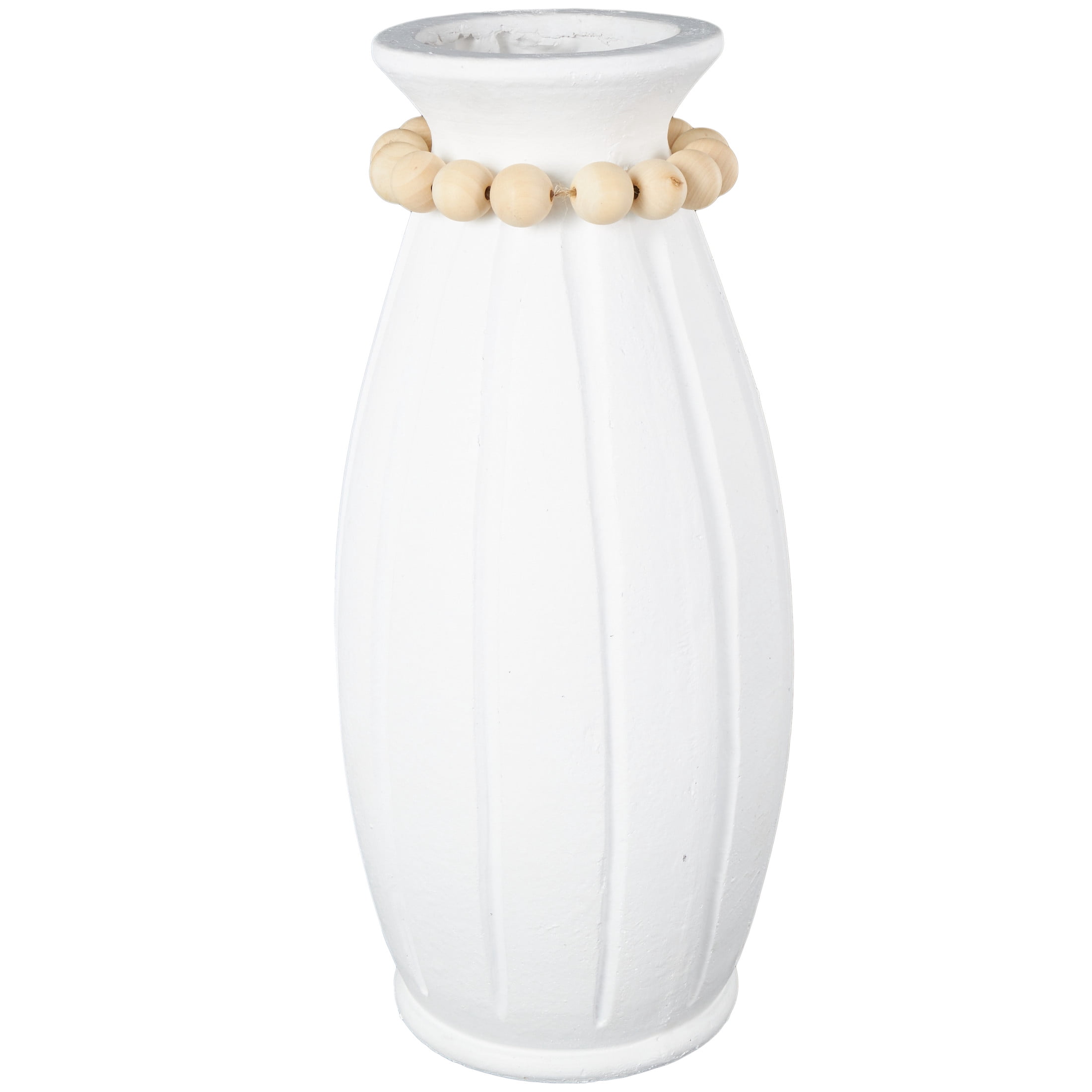 DecMode 20" White Magnesium Oxide Vase with Light Brown Beads and Carved Grooves