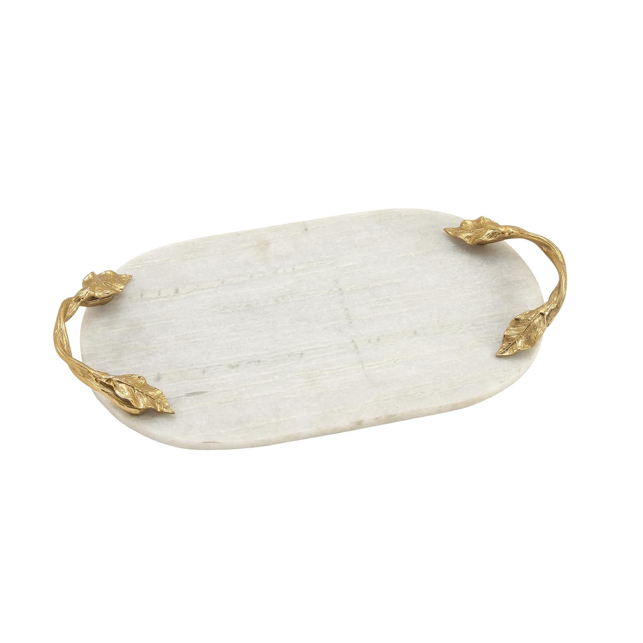 DecMode 20" x 10" White Marble Oval Leaf Tray with Gold Twisted Metal Handles, 1-Piece