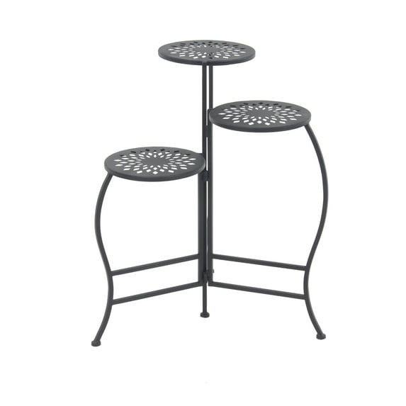DecMode 20" x 15" x 24" 3 Tier Black Metal Folding Floral Plantstand with Floral Cutouts
