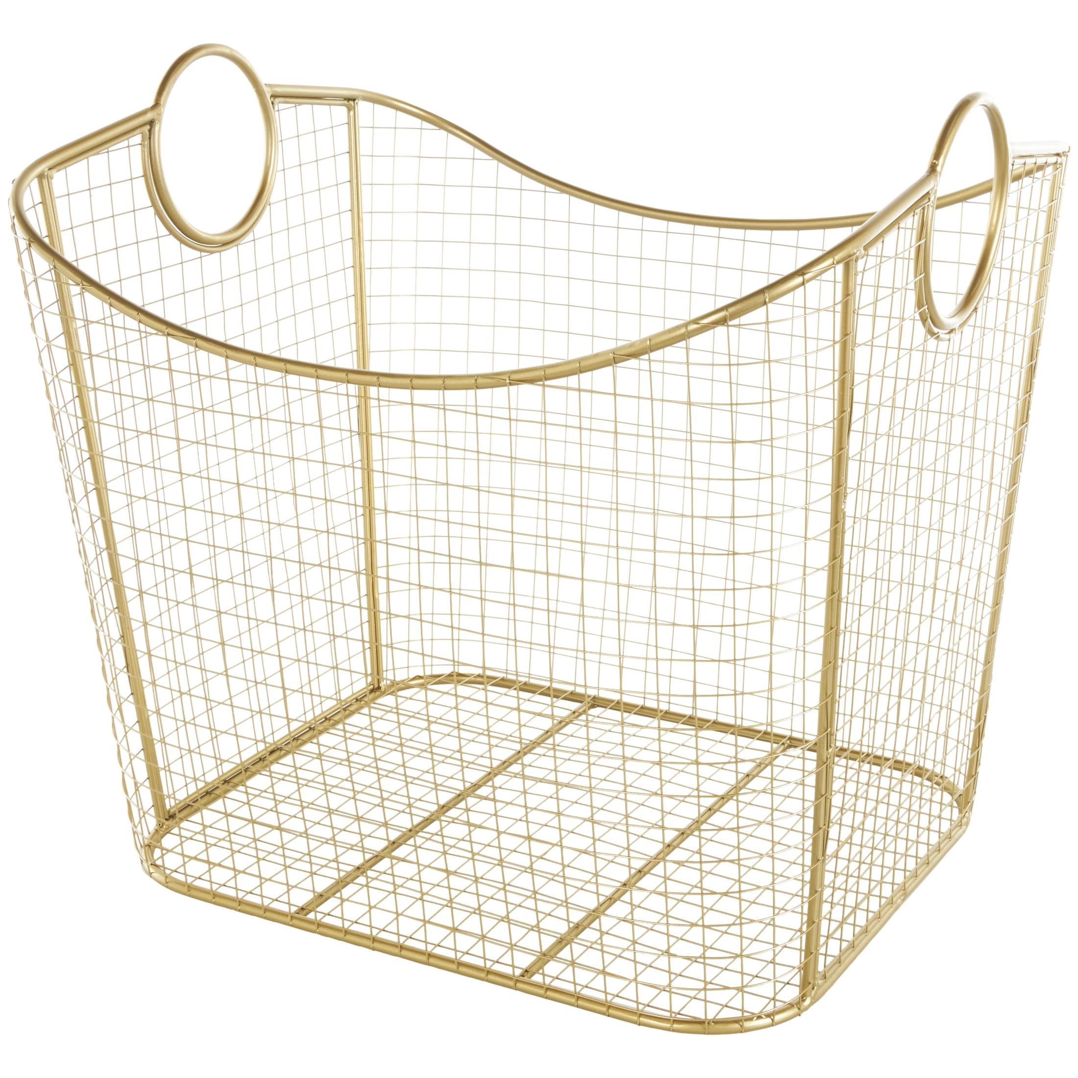 DecMode 20" x 19" Gold Metal Deep Storage Basket with Curved Sides and Ring Handles, 1-Piece