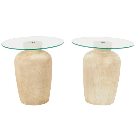 DecMode 20" x 20" Beige Magnesium Oxide Accent Table with Tempered Glass Tabletop, 2-Pieces