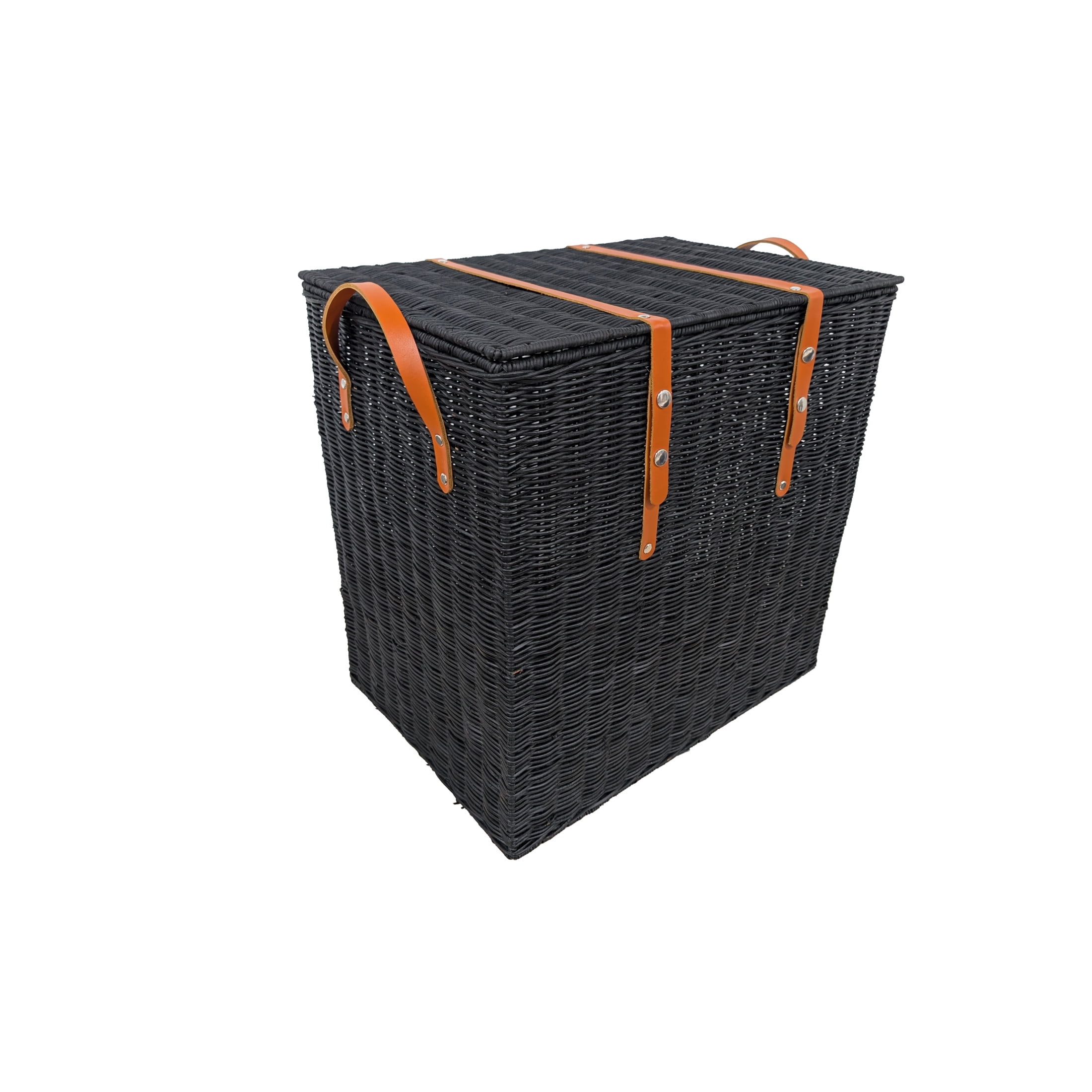 DecMode 20" x 21" Black Rattan Handmade Woven Storage Basket with Brown Leather Handles, 1-Piece