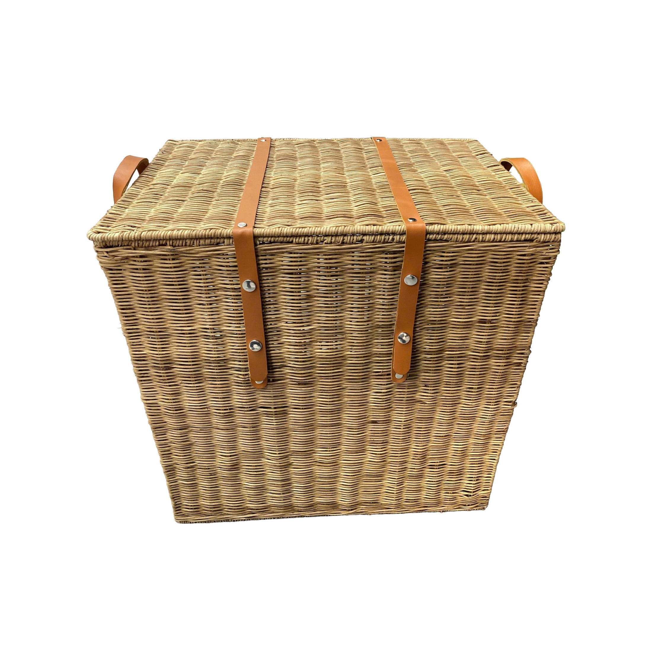 DecMode 20" x 21" Brown Rattan Handmade Woven Storage Basket with Leather Handles, 1-Piece