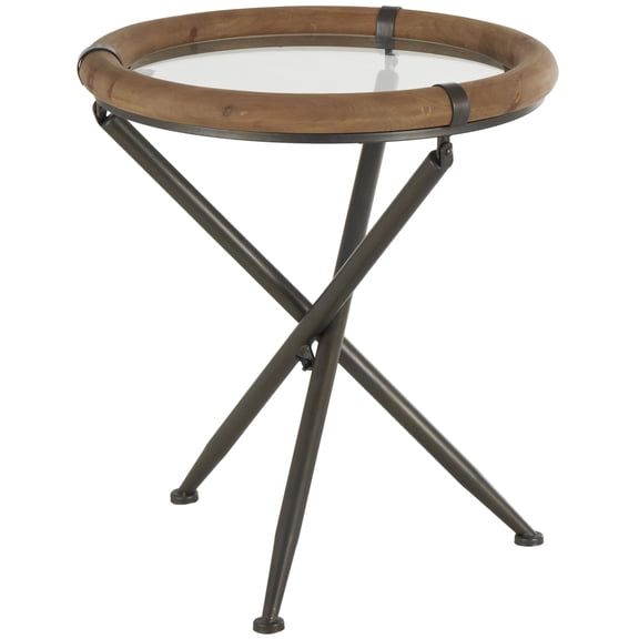 DecMode 20" x 22" Brass Metal Round Accent Table with Brown Wooden Framed Glass Tabletop, 1-Piece