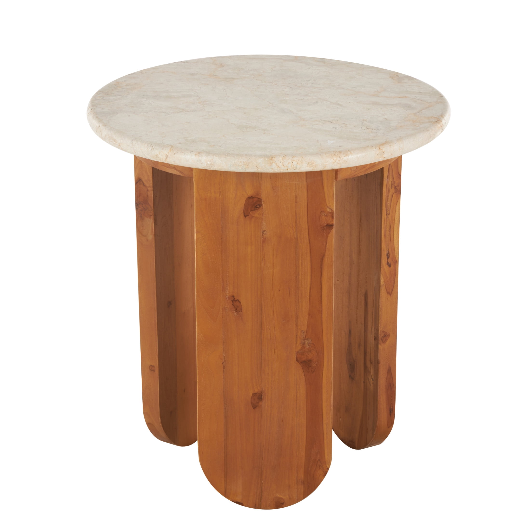 DecMode 20" x 22" Brown Teak Wood Handmade Accent Table with Beige Marble Tabletop, 1-Piece